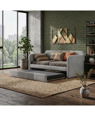 Upholstered Daybed Sofa Bed Twin Size With Trundle Bed and Wood Slat