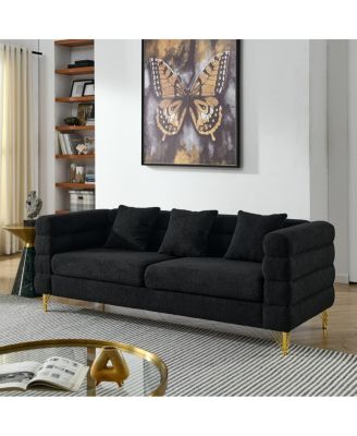 81'' Three-Seater Teddy Fabric Sofa Couch, Deep Seating, 3 Pillows