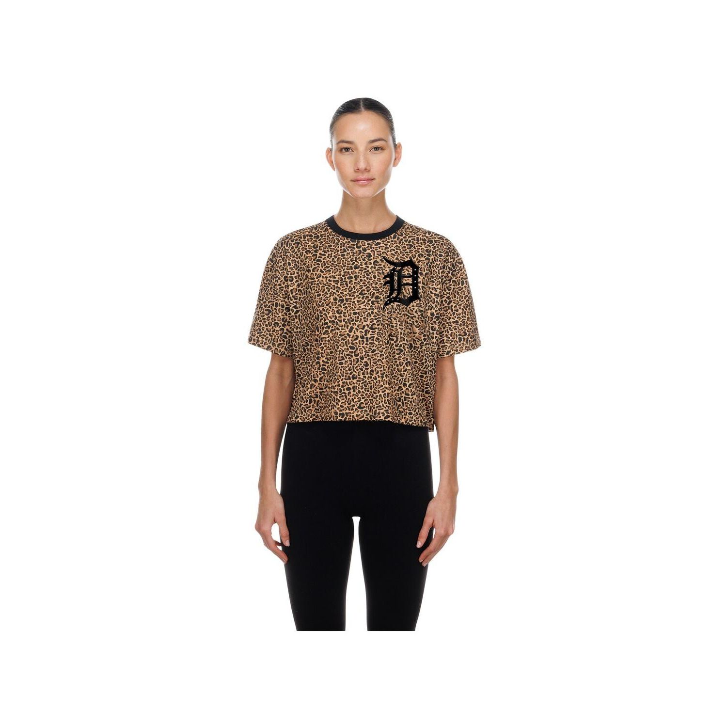 Women's Brown Detroit Tigers Leopard Boxy Cropped T-Shirt