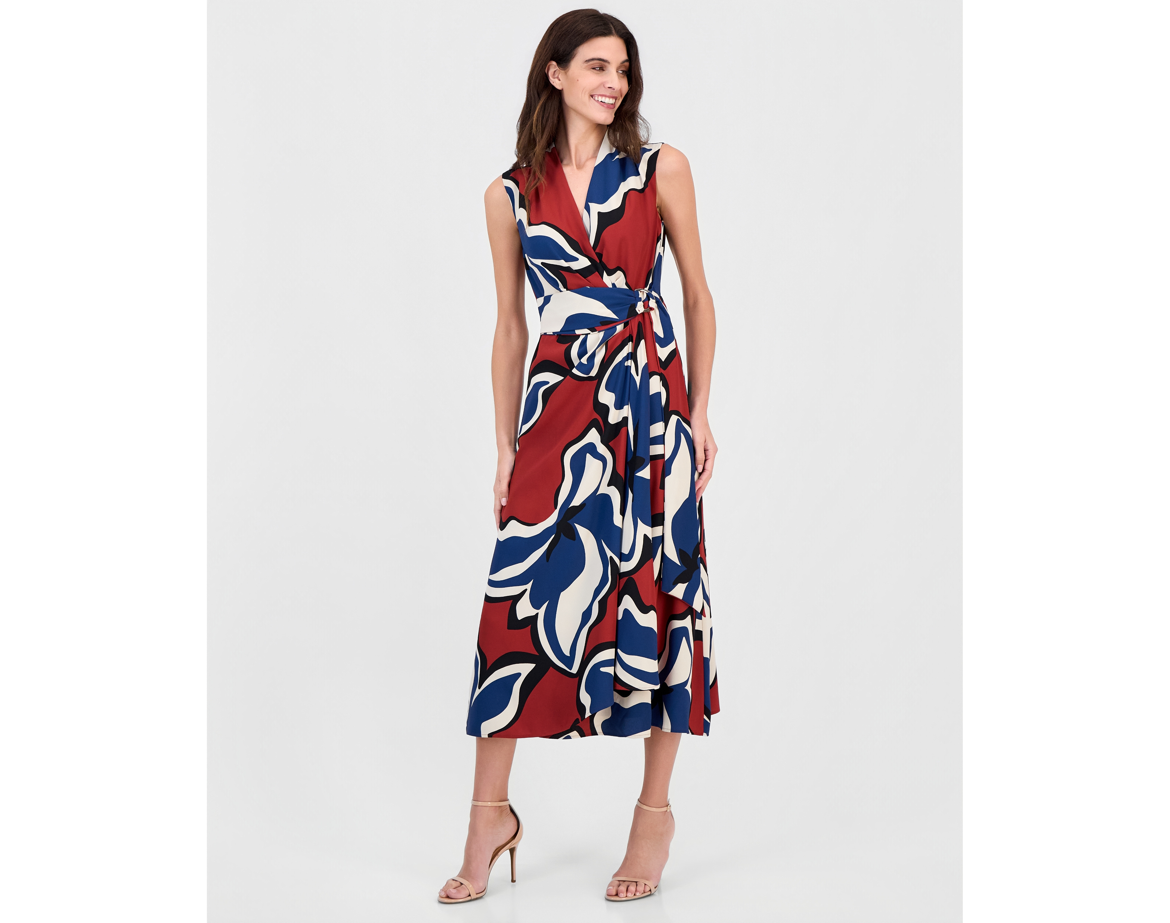 Anne Klein Women's Printed Faux-Wrap Tie-Waist Midi Dress