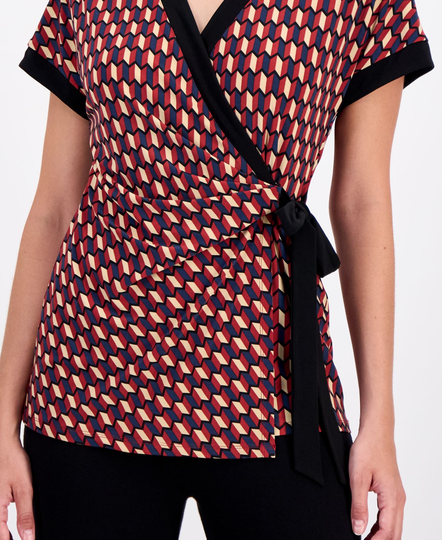 Petite Tie Faux-Wrap Collared Surplice Top