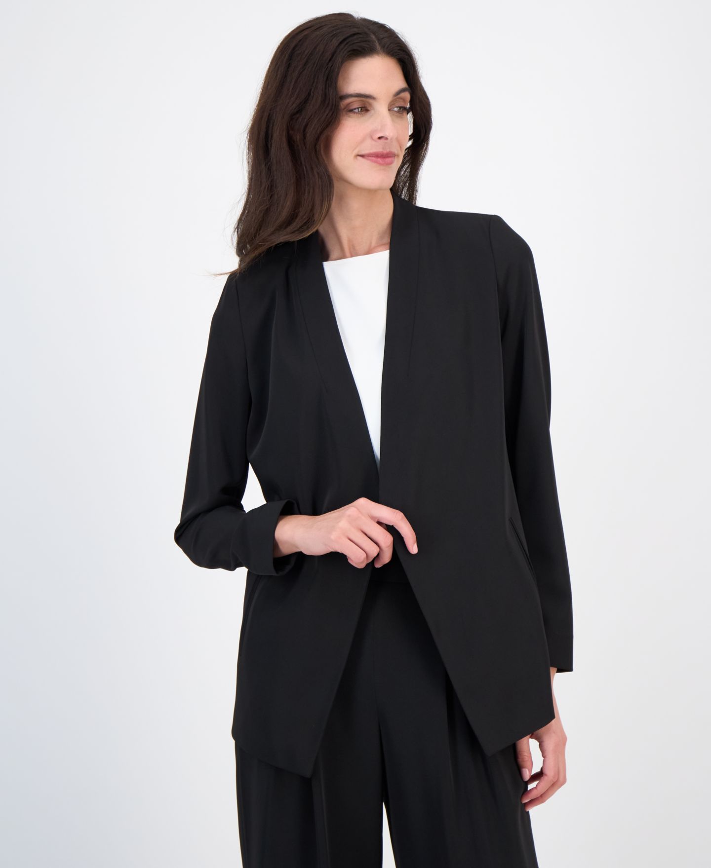 Женский пиджак Anne Klein Stretch Collarless Open-Front Blazer, Regular & Petite, цвет: Чёрный — фото 1
