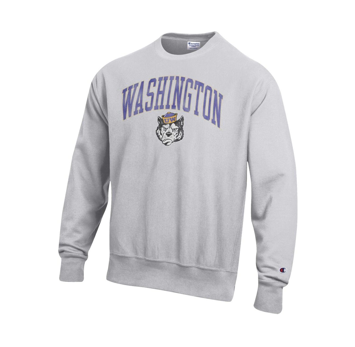 Men's Gray Washington Huskies Distressed Arch Over Logo Reverse Weave Crew Neck Sweatshirt