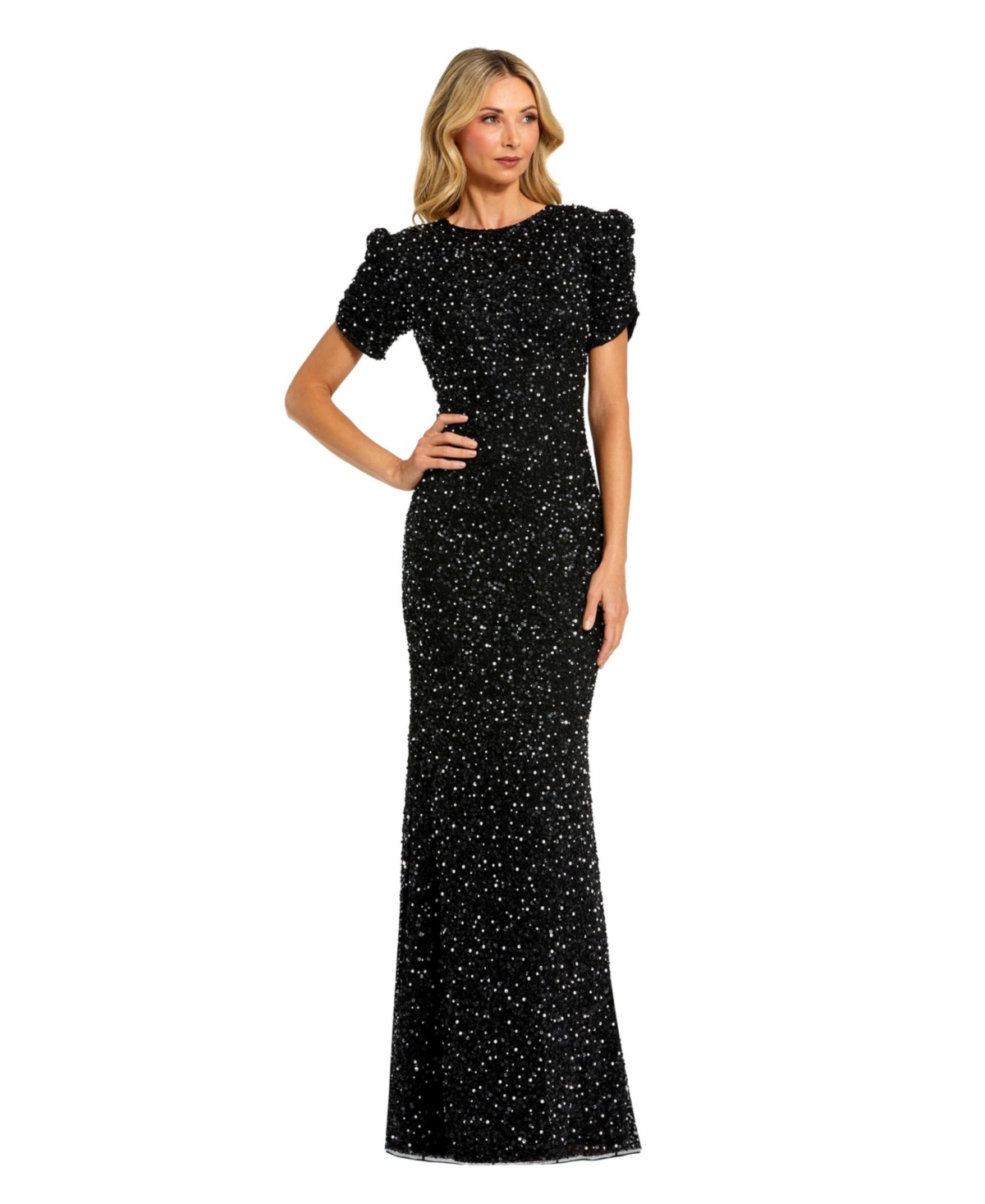 Mac Duggal - Black Gathered Short Sleeve Embellished Gown - US 4