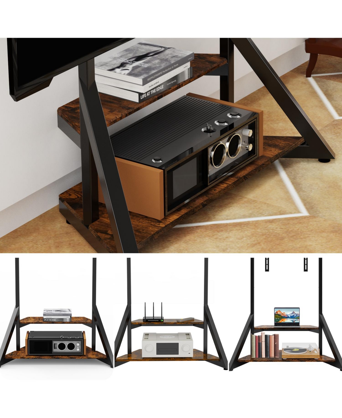 Unho Heavy Duty Low Profile Tv Stand for 65-100 Inch TVs, Solid Wood, Adjustable Feet,Max Vesa 800x600mm
