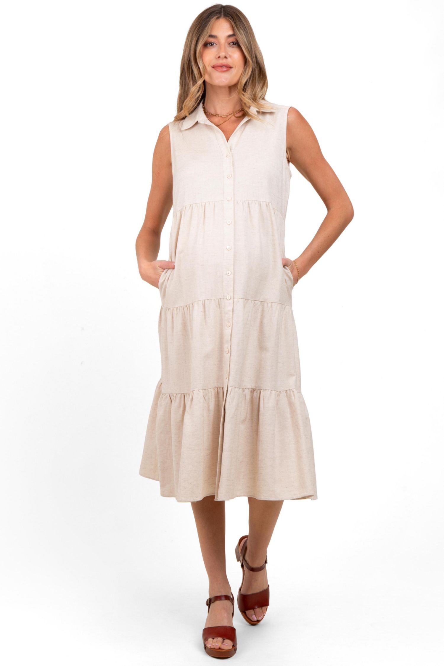 Women's Cream Tiered Sleeveless Midi Shirt Dress