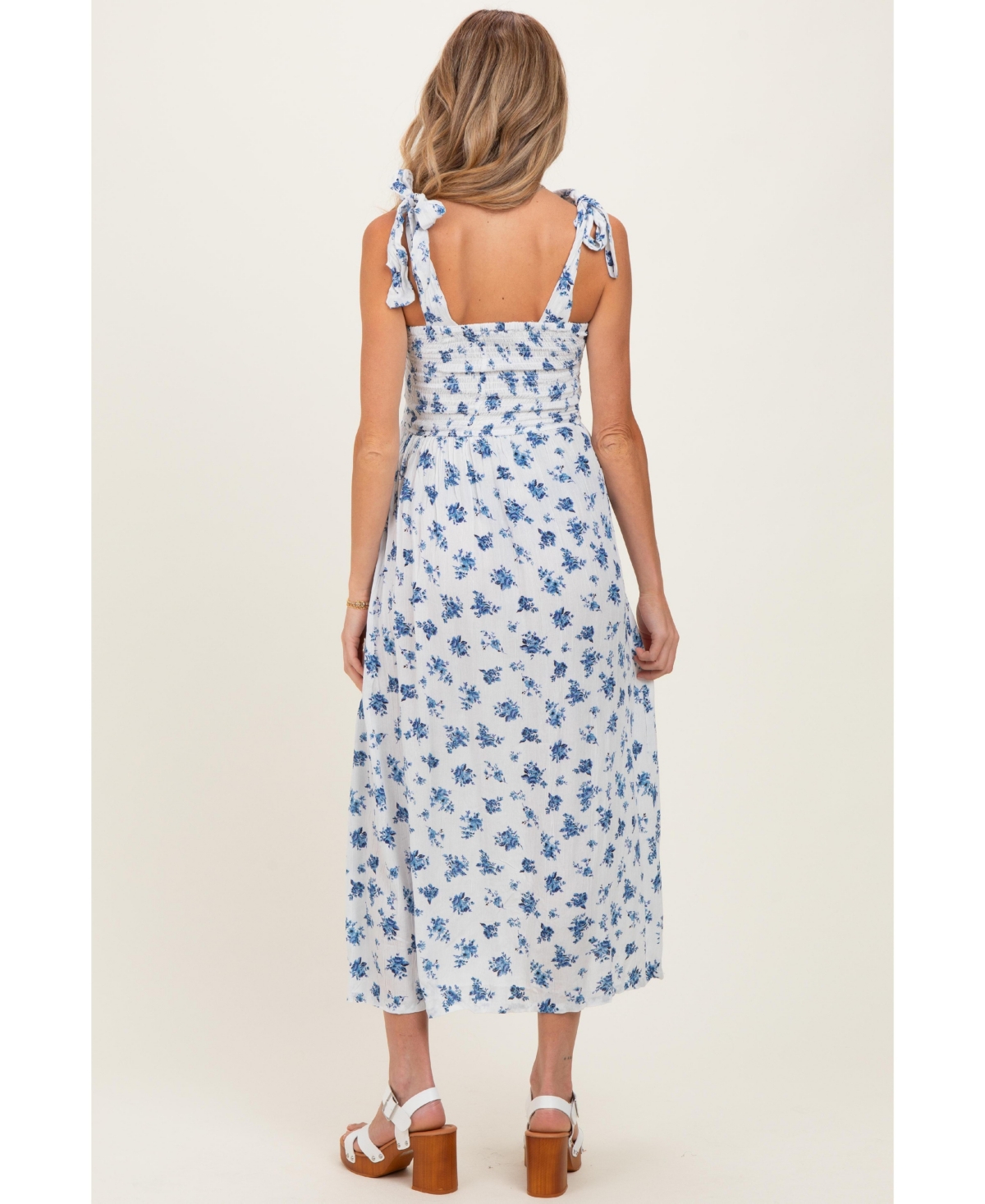 Pinkblush Maternity Ivory Smocked Bodice Tie Straps Floral Print Maxi Dress