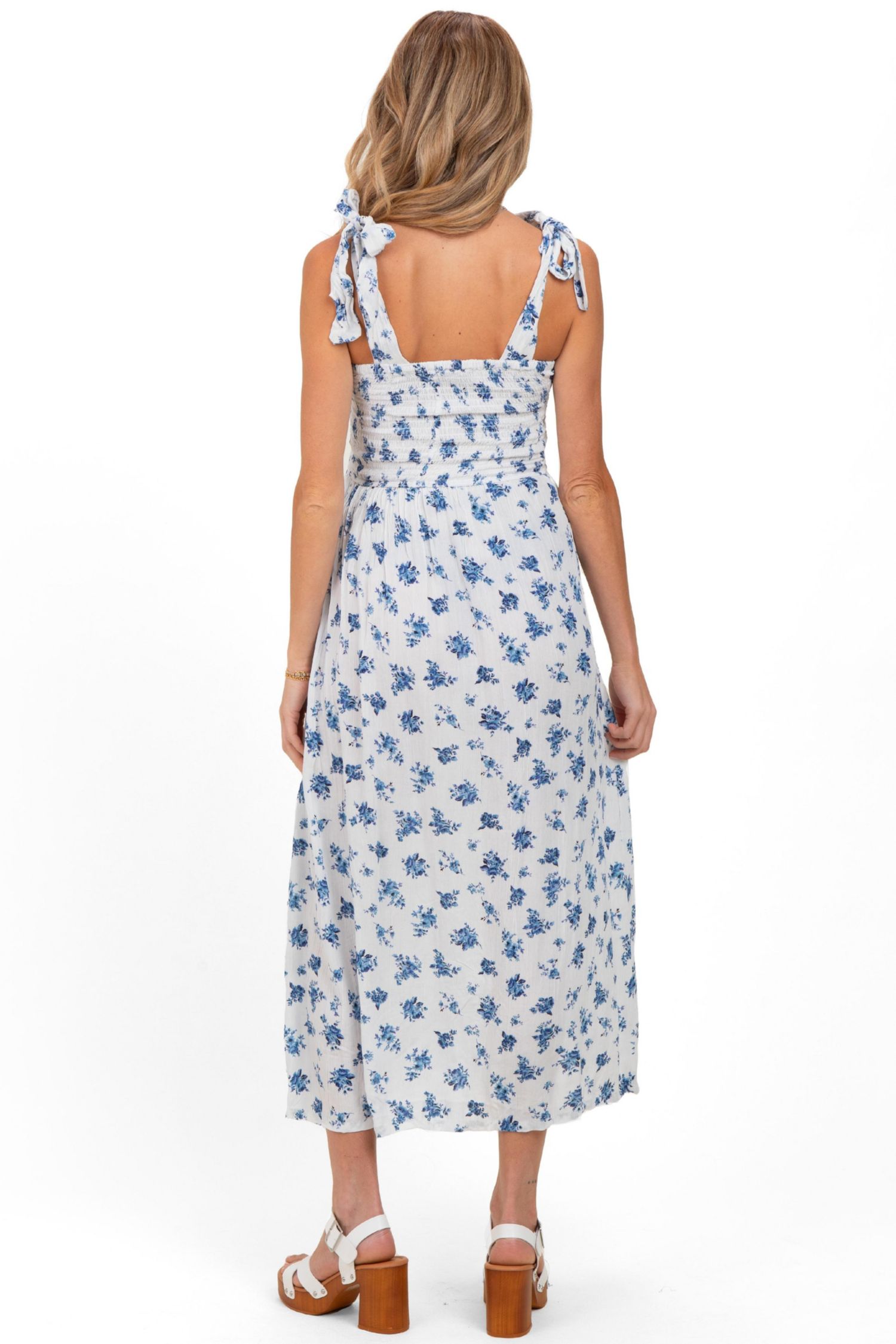 Women's Ivory Smocked Bodice Tie Straps Floral Print Maxi Dress