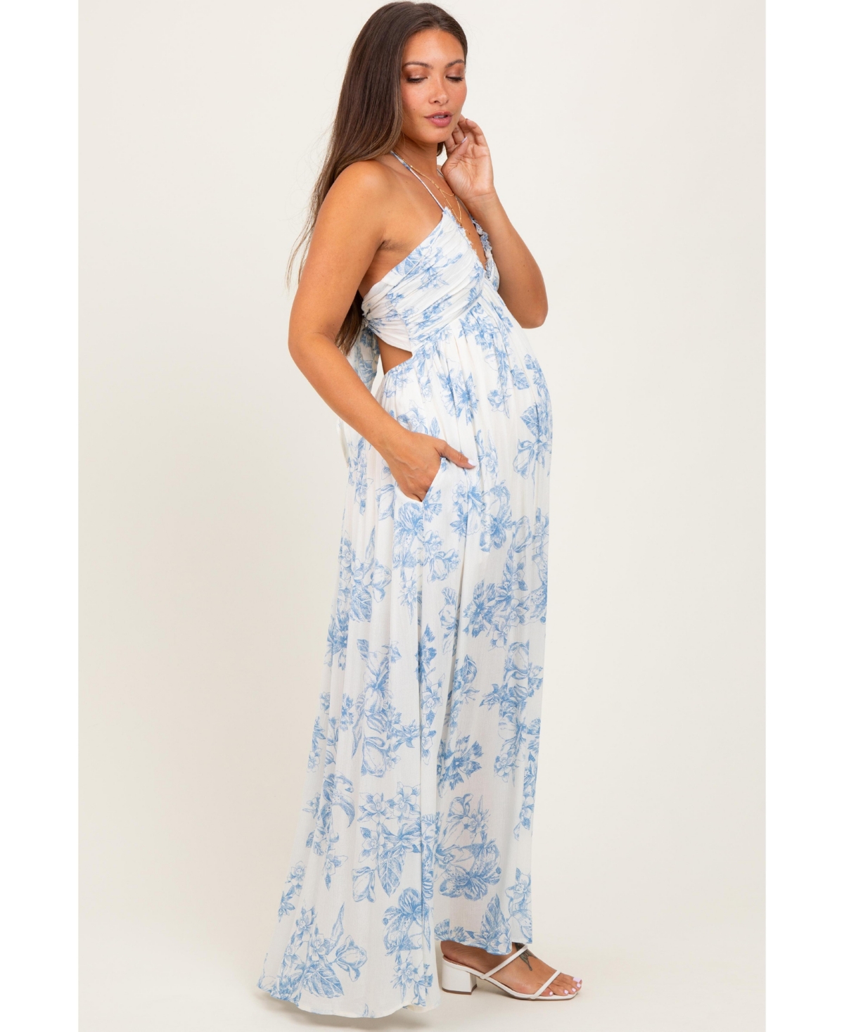 Pinkblush Maternity Light Blue Floral Tie-Back Halter Maxi Dress