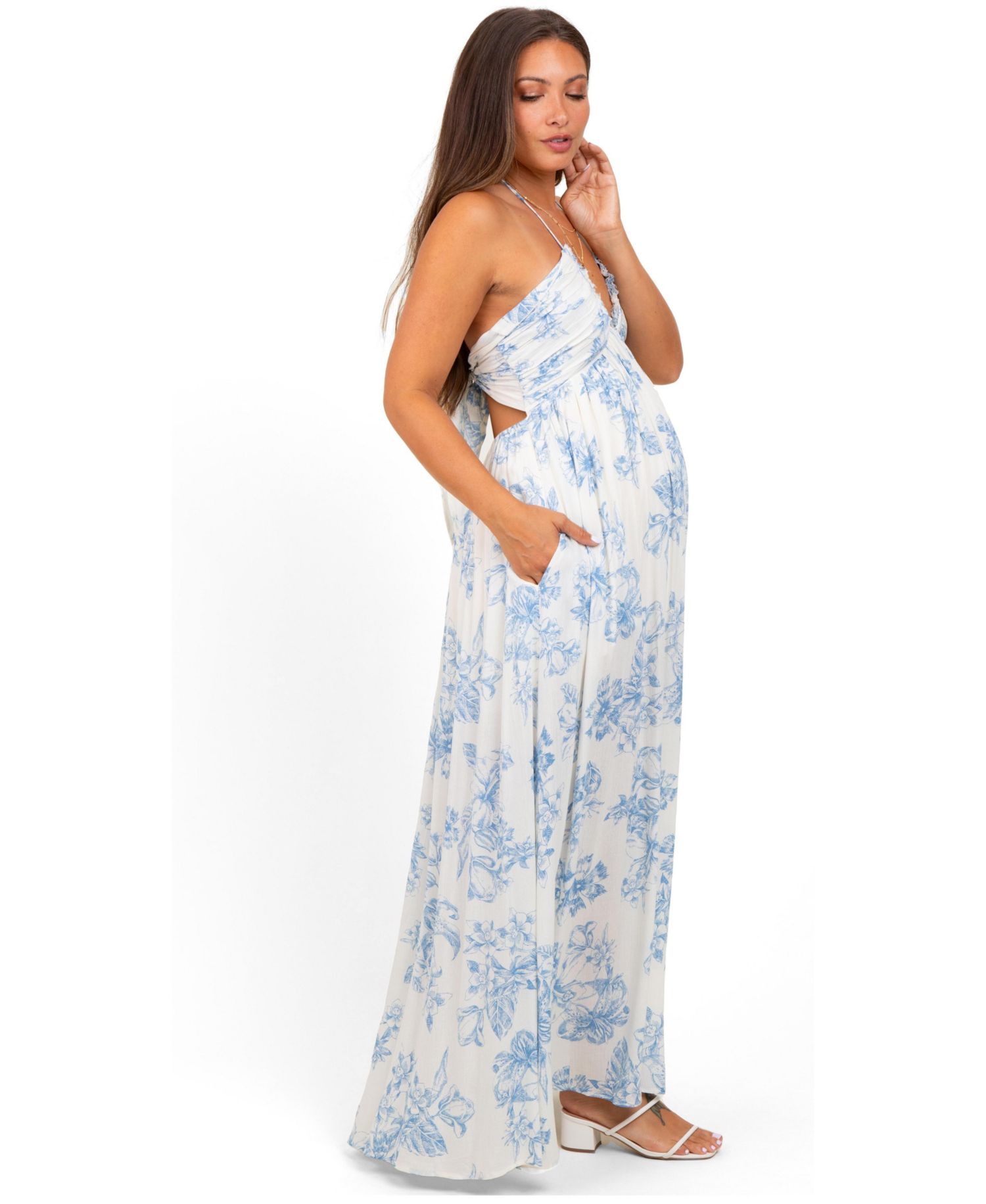 Women's Light Blue Floral Tie-Back Halter Maxi Dress