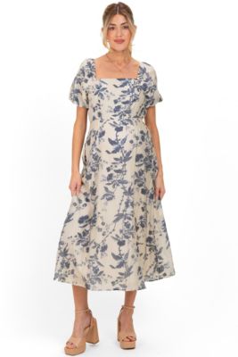 Women's Navy Blue Floral Square Neck Puff Sleeve Midi Dress