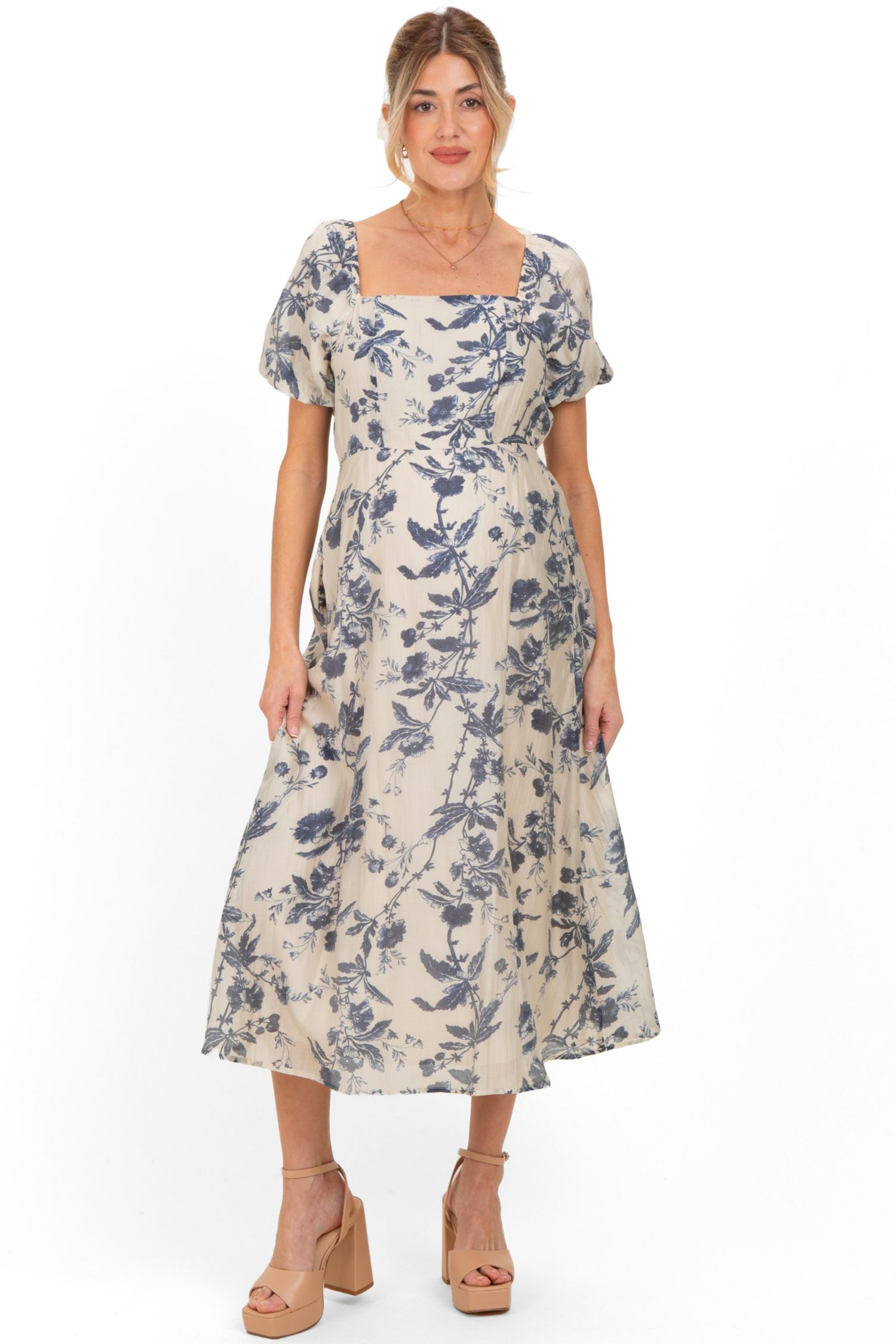 Women's Navy Blue Floral Square Neck Puff Sleeve Midi Dress
