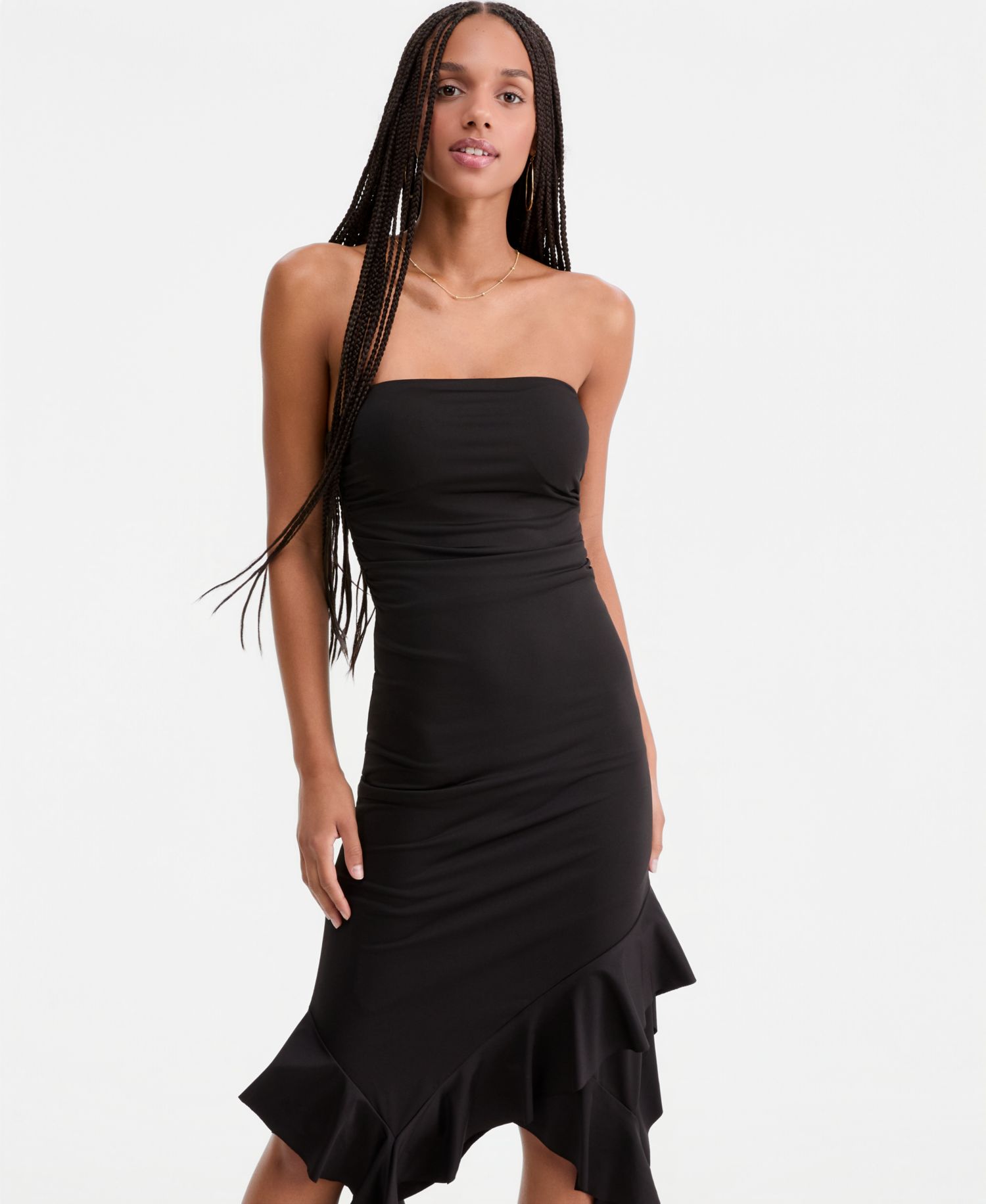 Women's Strapless Ruffled Asymmetric Midi Dress