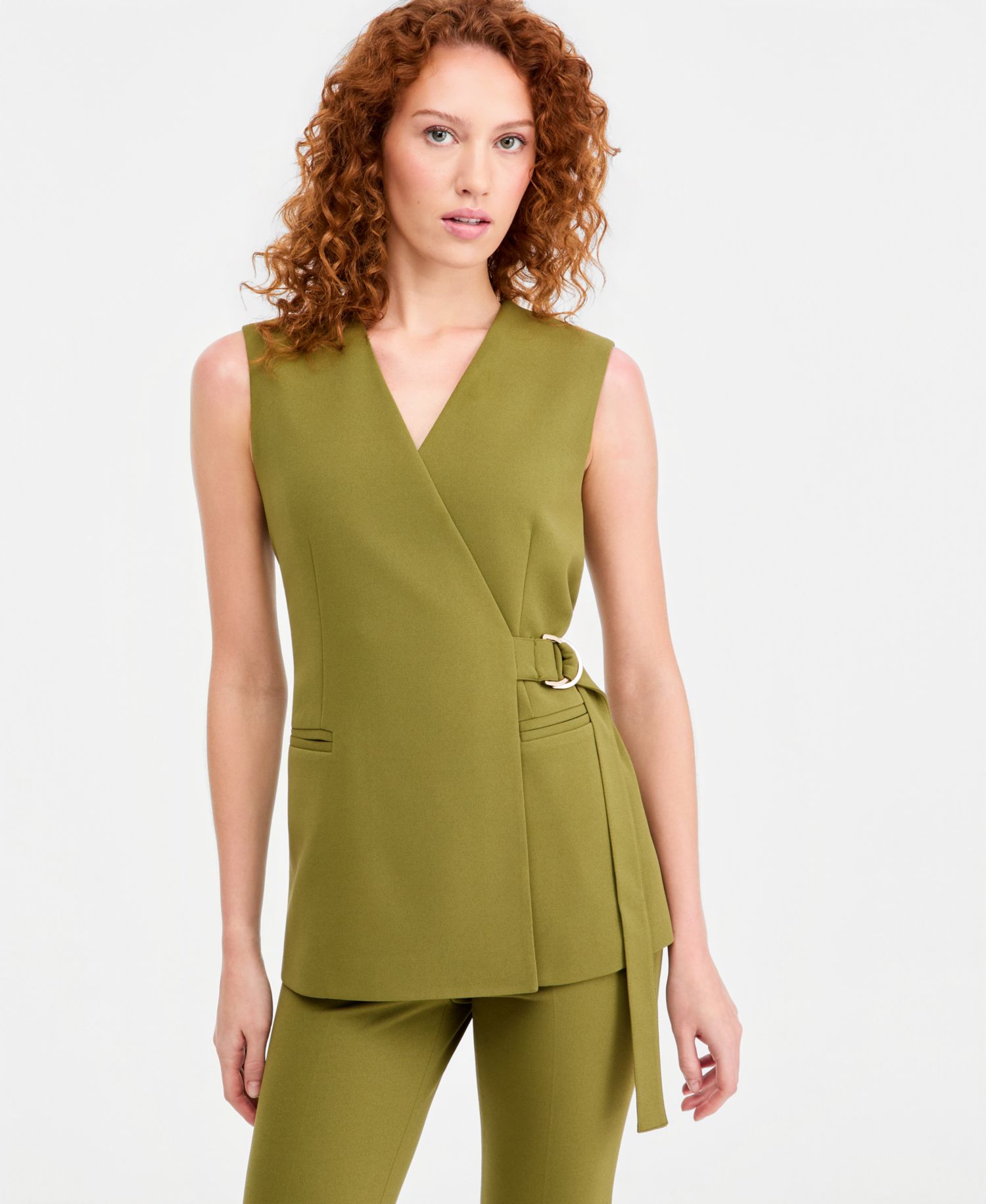 Women's Belted Collarless Wrap Vest & Pull-On Kick-Flare Ankle Pants