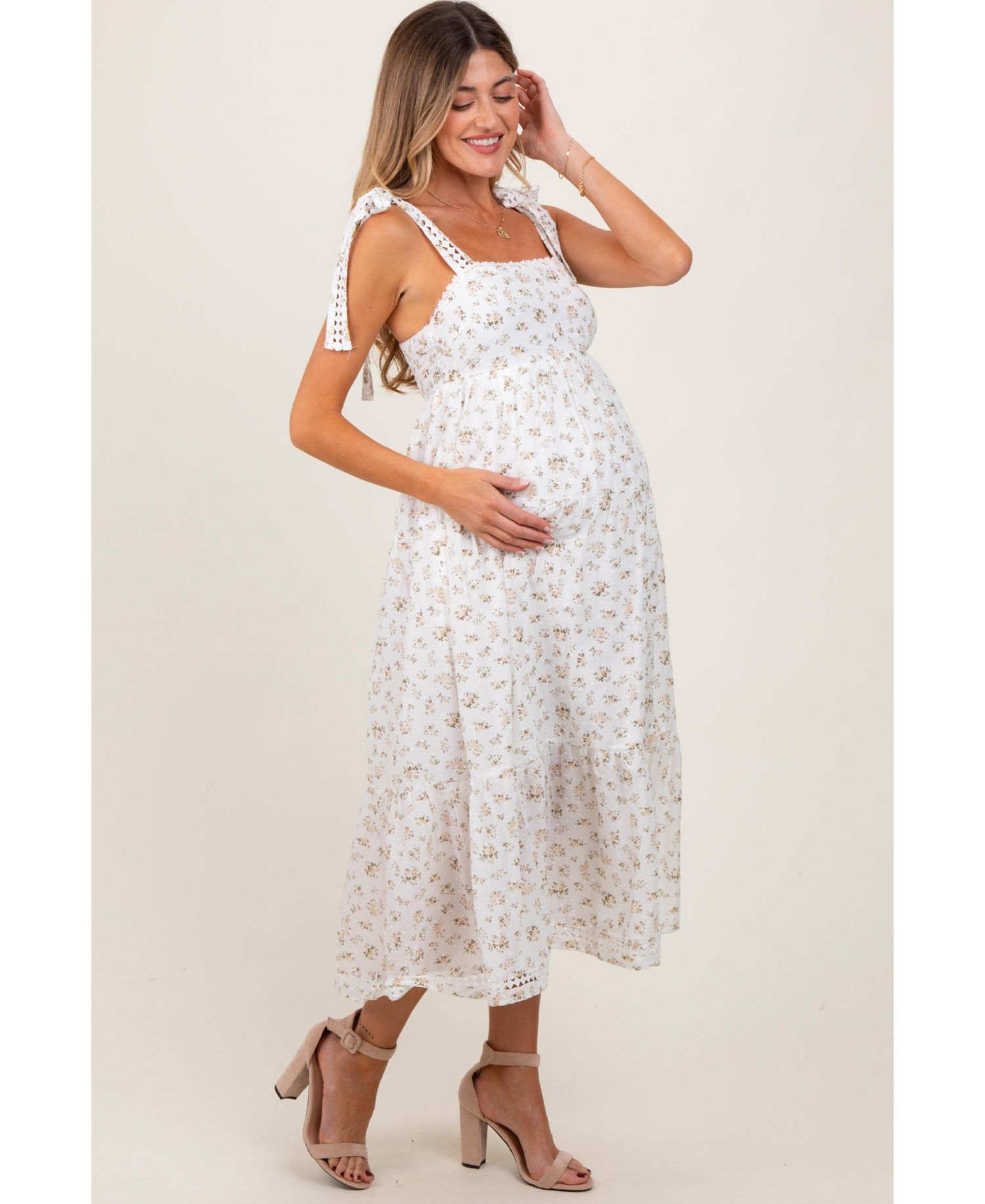 Women's Floral Shoulder Tie Midi Dress