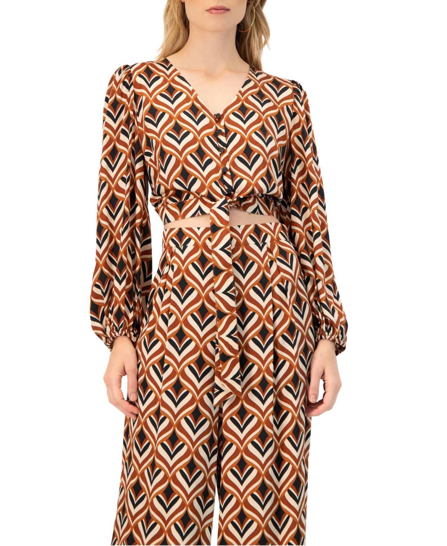 Women's V-Neck Geometric Print Blouse with Bottom Tie