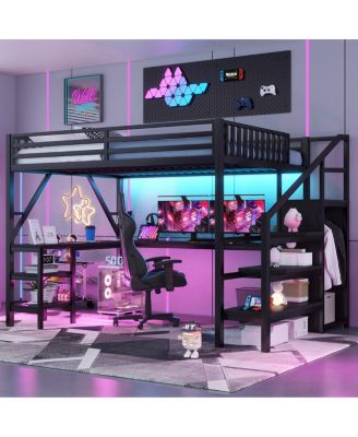 Loft Bed with Wardrobe, Desk and LED Light