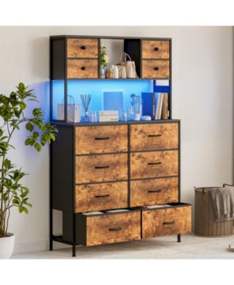 12 Drawer Fabric Dresser with LED Lights and Power Outlet, Storage Organizer with Open Shelves
