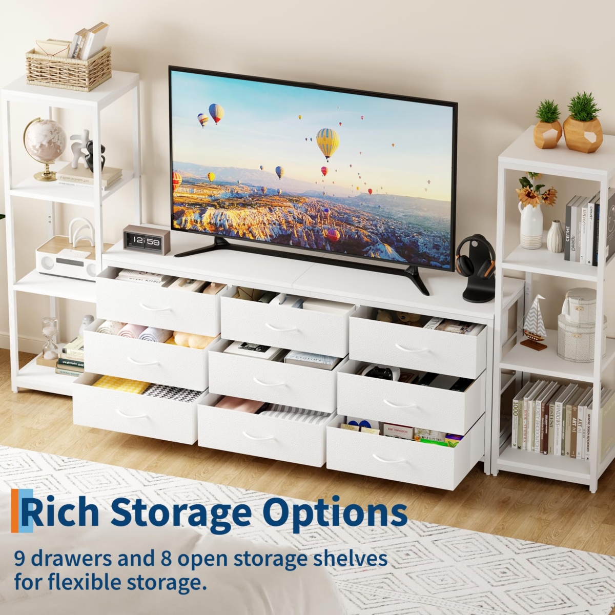 gaomon 89" Tv Stand with 9 Fabric Drawers and 4-Tier Shelves, Modern Entertainment Center for TVs up to 75"