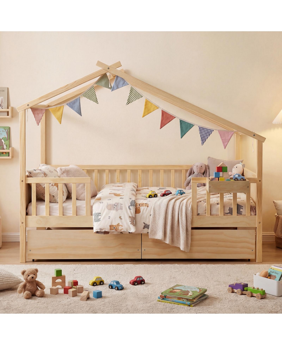 Slickblue Kids Full House Bed Frame with Roof and Safety Rails