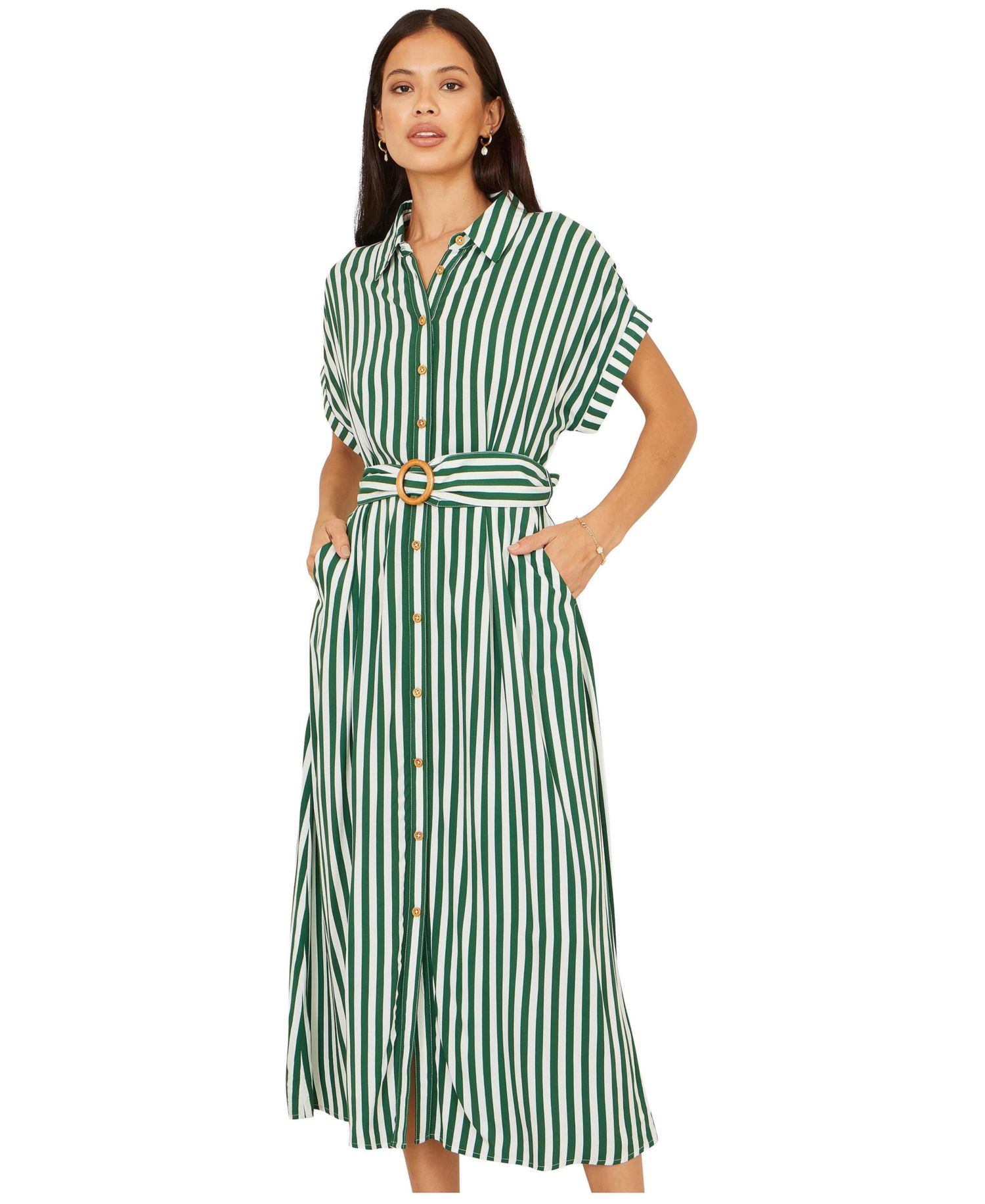 Women's Stripe Print Belted Midi Shirt Dress