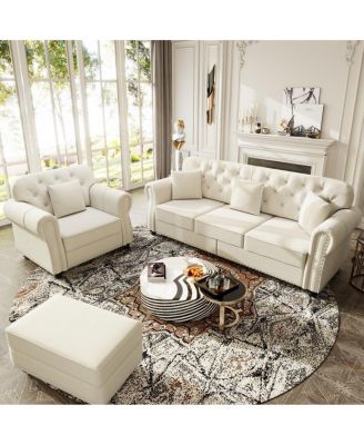 Velvet Nailhead Rolled Arm Sofa with Ottoman
