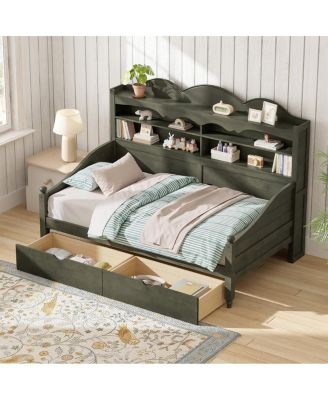 Retro Wooden Twin Daybed with Storage Drawers and Headboard Shelves