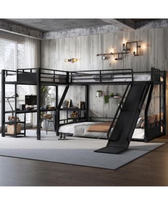  L-Shaped Metal Triple Bunk Bed with Slide, Desk, USB