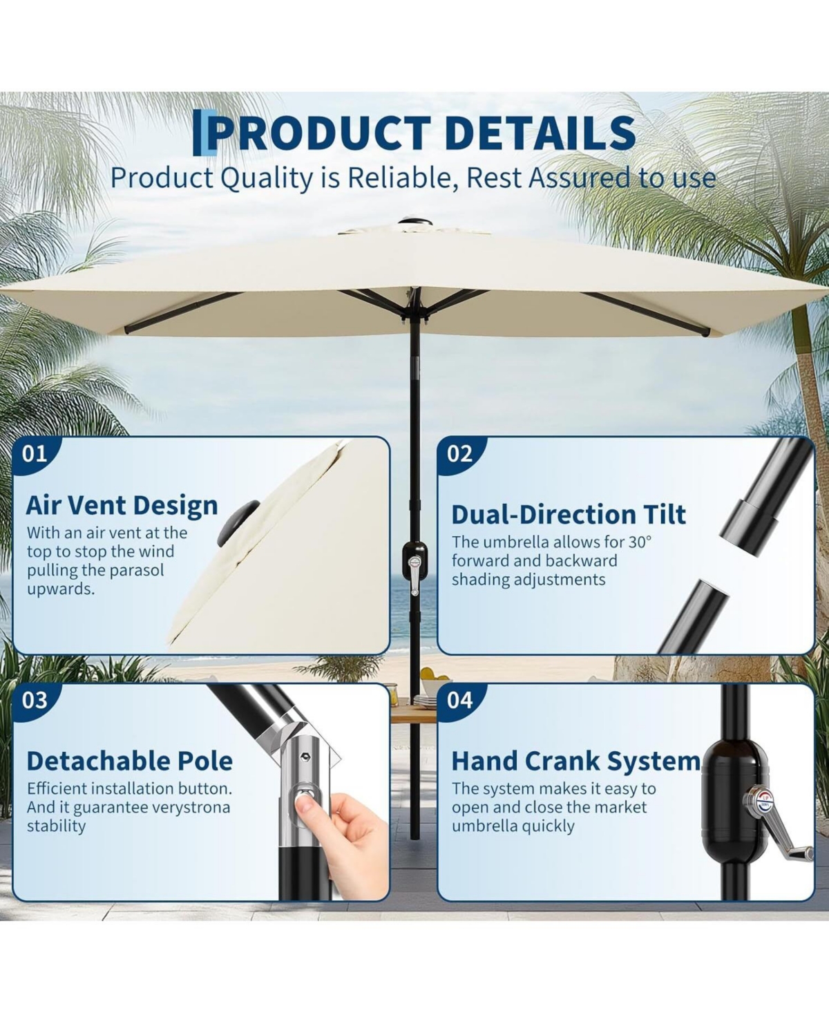 gaomon Solar Patio Umbrella with Crank and Push Button Tilt for Garden, Deck, Lawn, Pool (No Base)