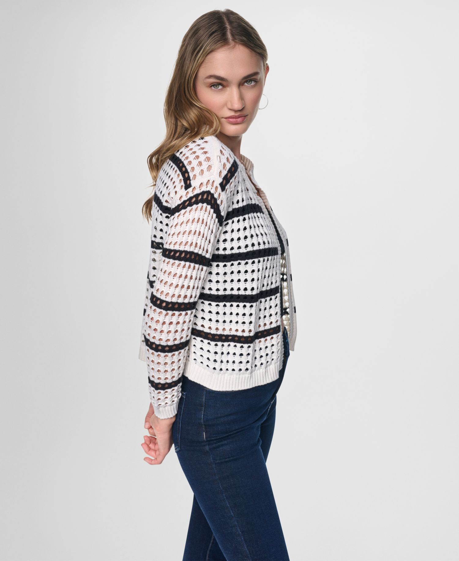 Women's Relaxed-Fit Stripe Open Stitch Drop Shoulder Open-Front Cardigan