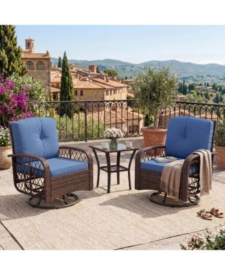 Patio 3-Piece Outdoor Furniture Set, Wicker Swivel Rocking Chairs, Glass Table