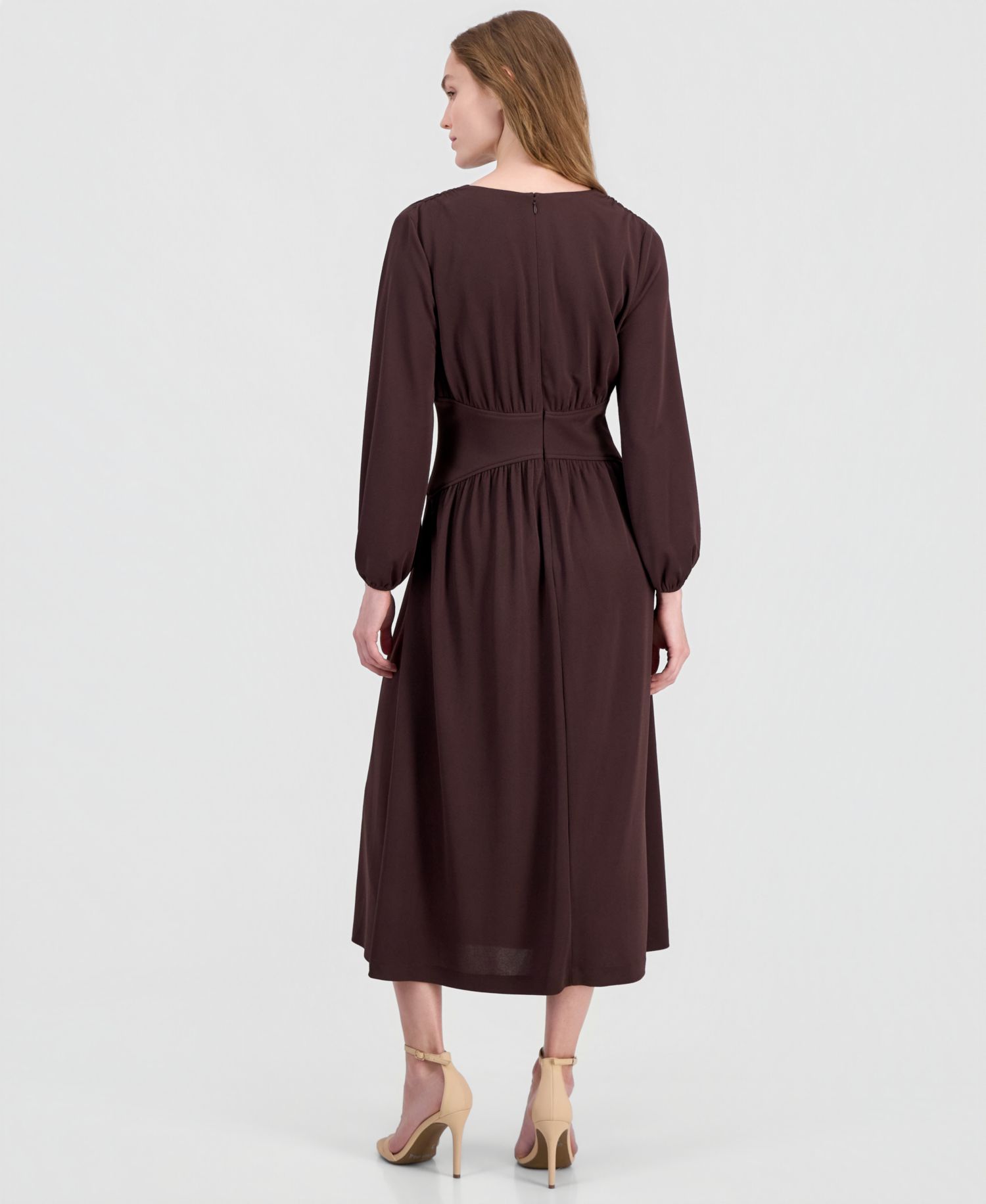 Women's V-Neck Blouson-Sleeve Midi Dress