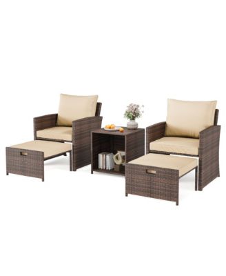 High Back Comfort | 5-Piece Outdoor Rattan Sofa Set - 2 Ottomans and Table All-Weather PE Wicker Soft Cushions
