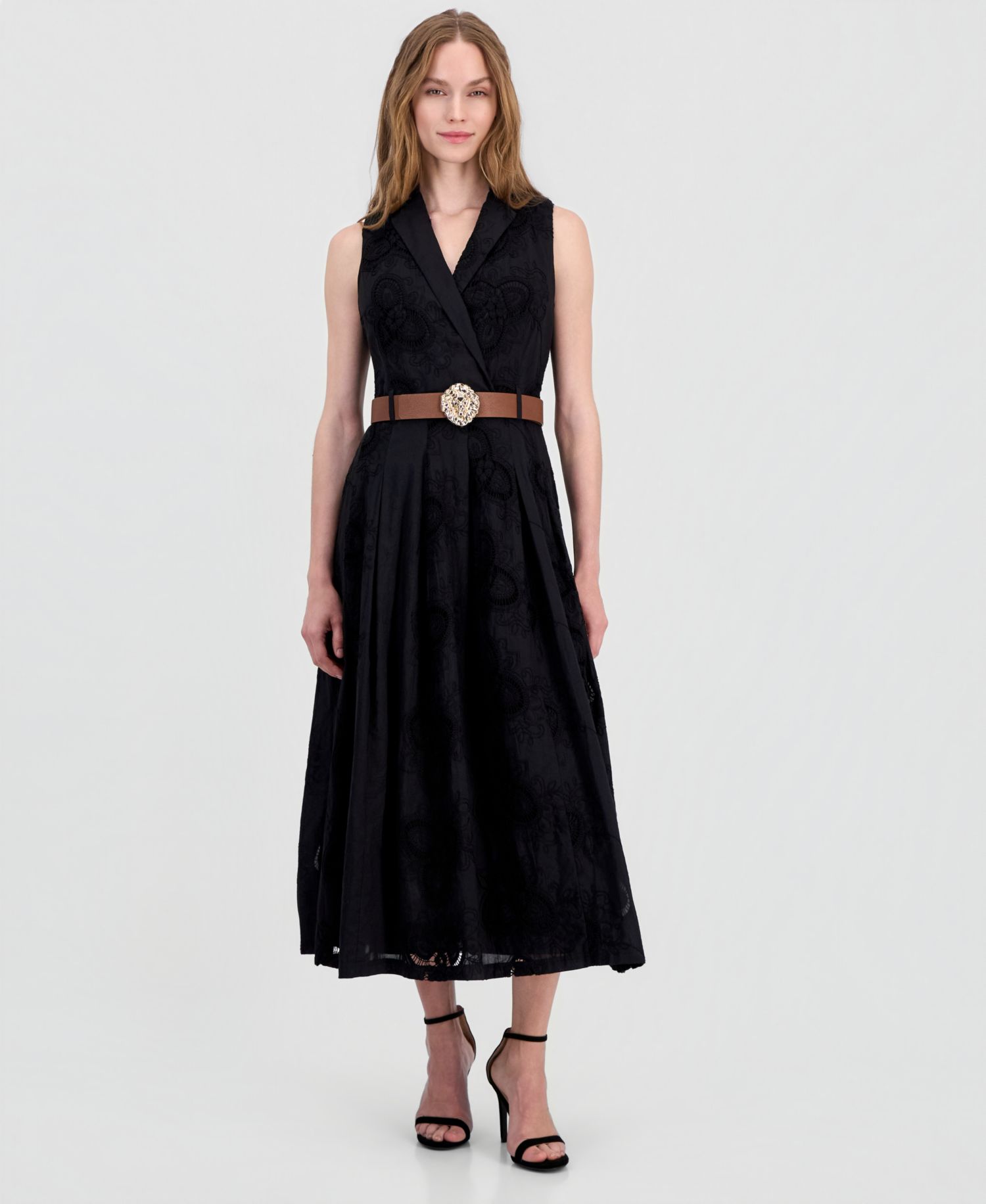 Women's Belted Eyelet Embroidered Cotton Midi Dress