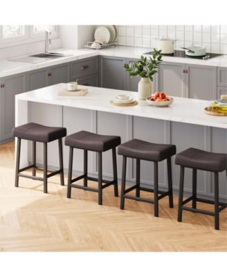 Counter Height Bar Stools Set of 4, 24 Inch Saddle Barstools with Curved Surface, Leather Kitchen Island Chairs for Dining Room, Home Bar
