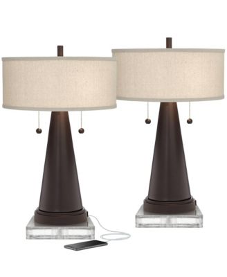 Craig Rustic Farmhouse Table Lamps Set of 2 with Square Risers 24 1/2" High Bronze with USB Charging Port Natural Shade for Desk