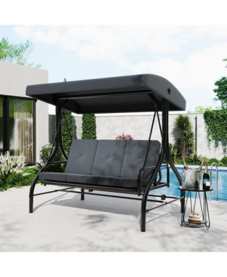 3-Seat Outdoor Patio Swing Chair with Adjustable Canopy and Reclining Backrest Heavy Duty Metal Frame