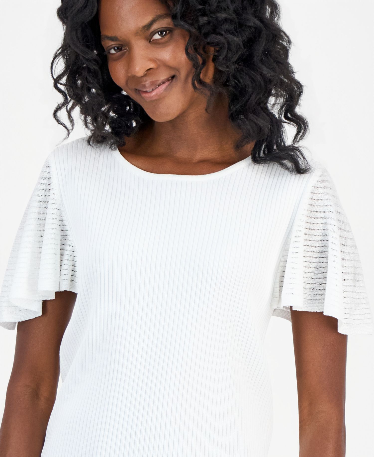 Petite Crewneck Flutter-Sleeve Rib-Knit Sweater