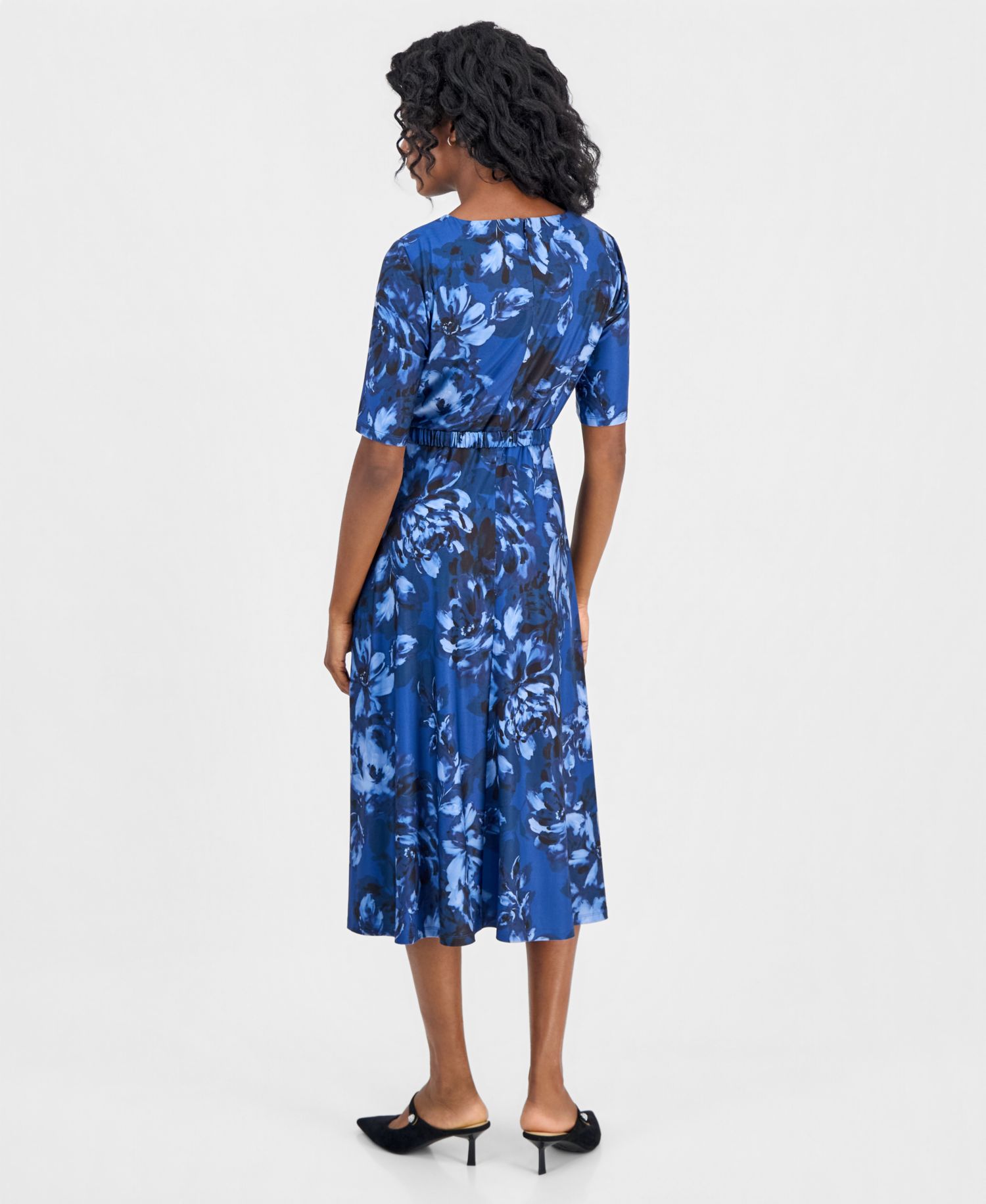 Women's Pleat-Neck Belted Short-Sleeve Dress