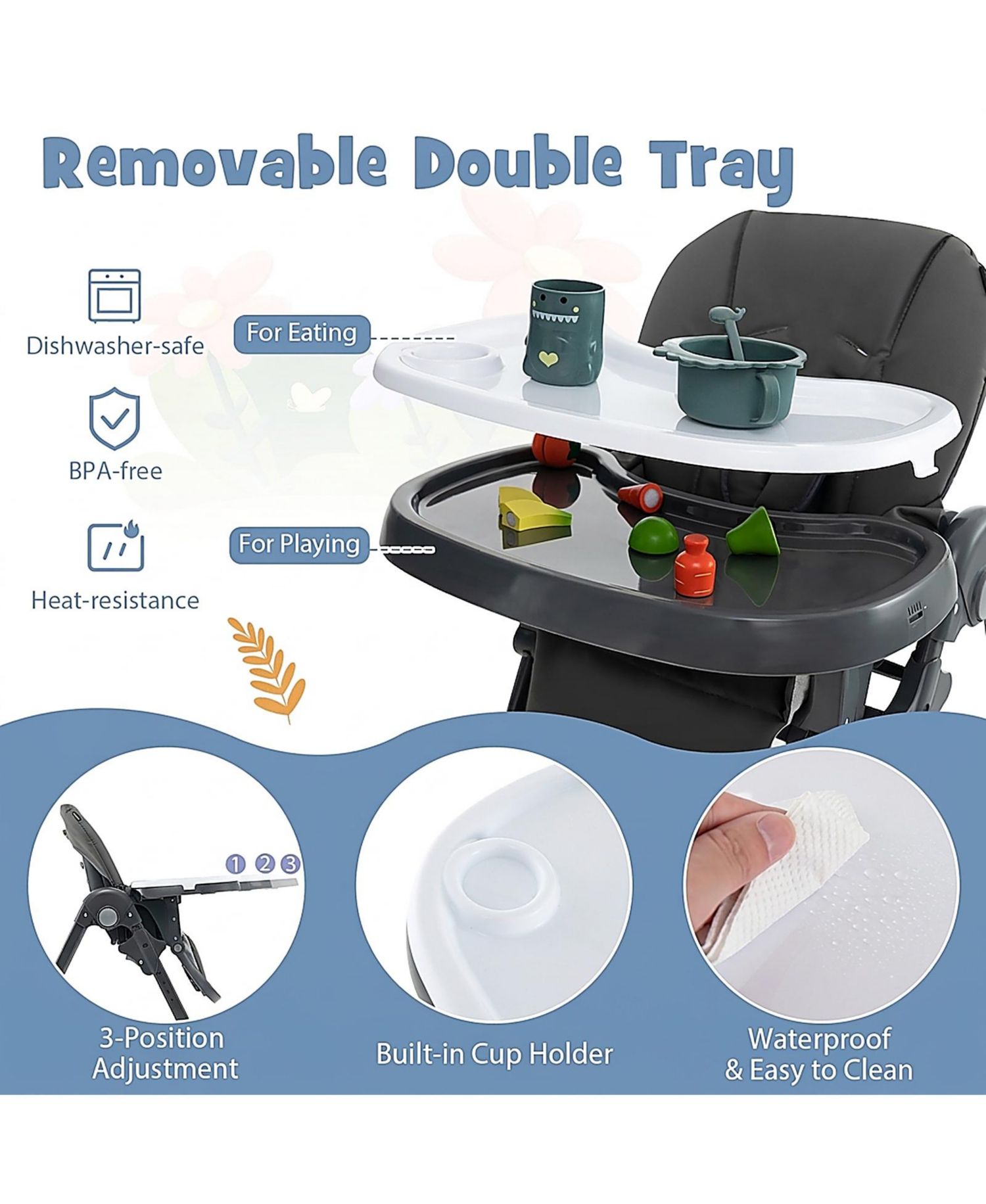 Baby 3-in-1 Convertible High Chair with 7 Heights and Dual Food Tray