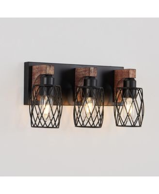  Industrial Vintage 3 Light Wall Sconce Black Cage Wall Lighting Fixture with Wooden Accents for Bathroom Hallway Living Room No Bulbs
