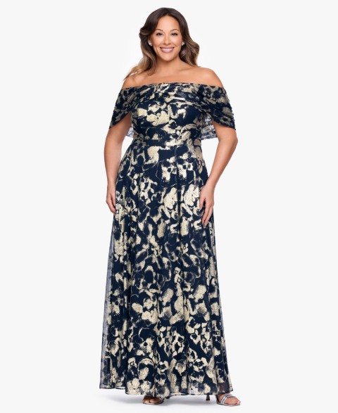 Женские Betsy & Adam Plus Size Printed Off-The-Shoulder Ball Gown
