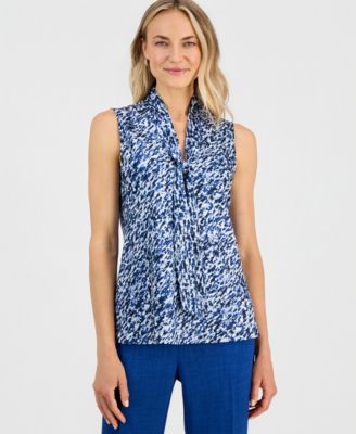 Women's Printed Tie-Neck Sleeveless Blouse 