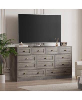 12 Drawer Wide Wood Dresser for Bedroom, 65" TV Stand Storage Cabinet Clothes Organizer for Living Room
