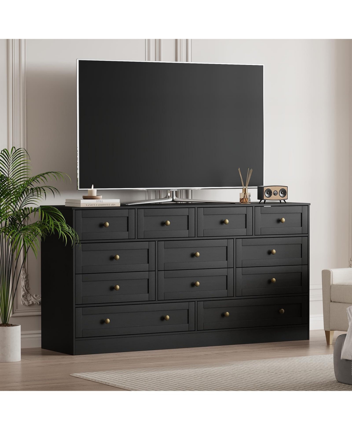 gaomon 12 Drawer Wide Wood Dresser for Bedroom, 65" Tv Stand Storage Cabinet Clothes Organizer for Living Room - Black