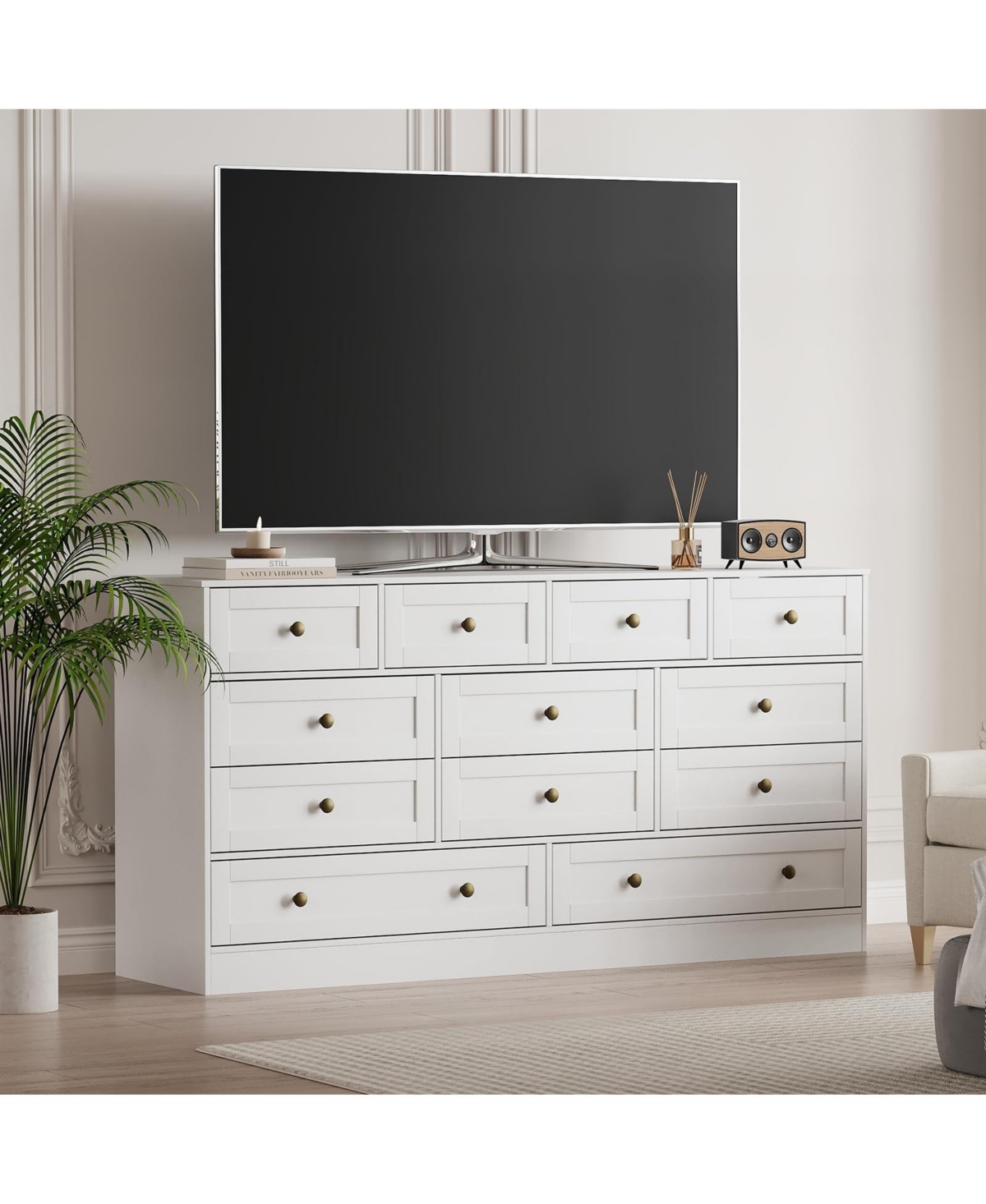 gaomon 12 Drawer Wide Wood Dresser for Bedroom, 65" Tv Stand Storage Cabinet Clothes Organizer for Living Room - White