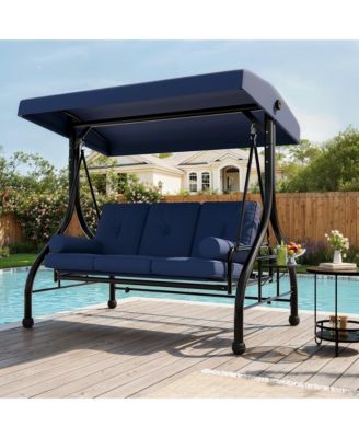Outdoor Porch Swing with Adjustable Canopy 3 Seat Patio Swing Chair Heavy Duty Outdoor Swing with Cup Holder Tray Cushion and Pillows