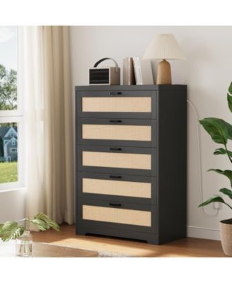5 Drawer Rattan Dresser with Power Outlets, Tall Wood Storage Chest for Bedroom
