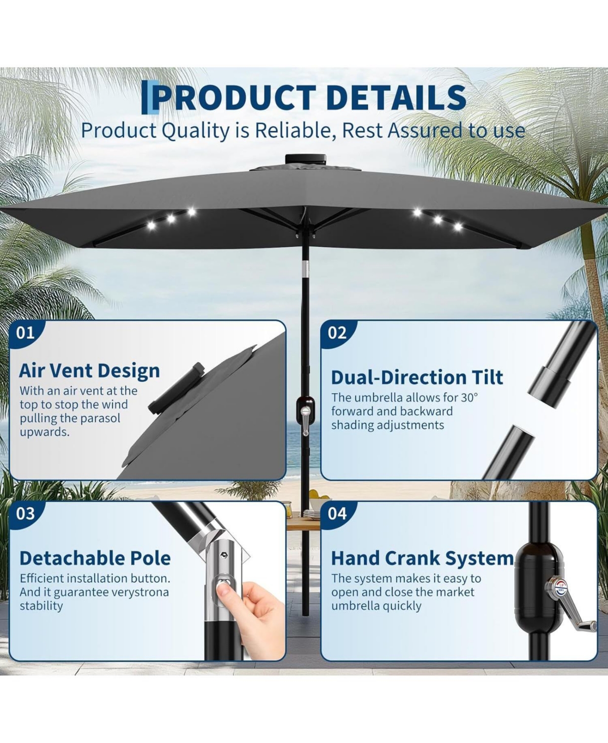 gaomon Solar Patio Umbrella with Crank and Push Button Tilt for Garden, Deck, Lawn, Pool with Lights (No Base)