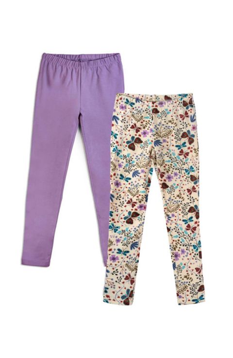 Леггинсы Mightly Fair Trade Organic Cotton Reinforced Knee Leggings 2-pack для девочек, цвет: С принтом / Сиреневый